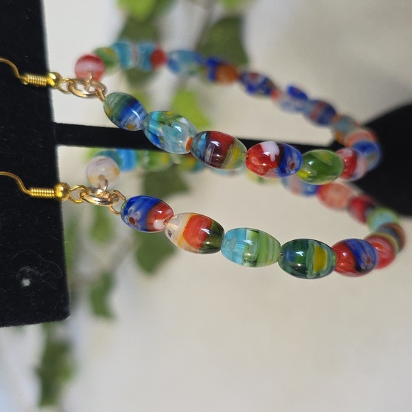Millefiori Art Glass Oval Bead Hoop Earrings - Picture 8 of 9